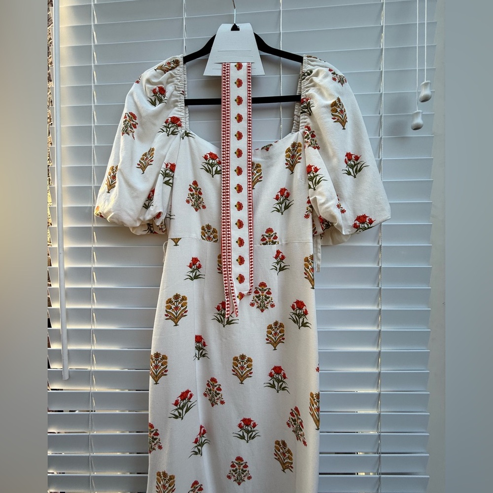 Antonio Melani- Blockprint Iris Floral Cream Dress with Red Accents